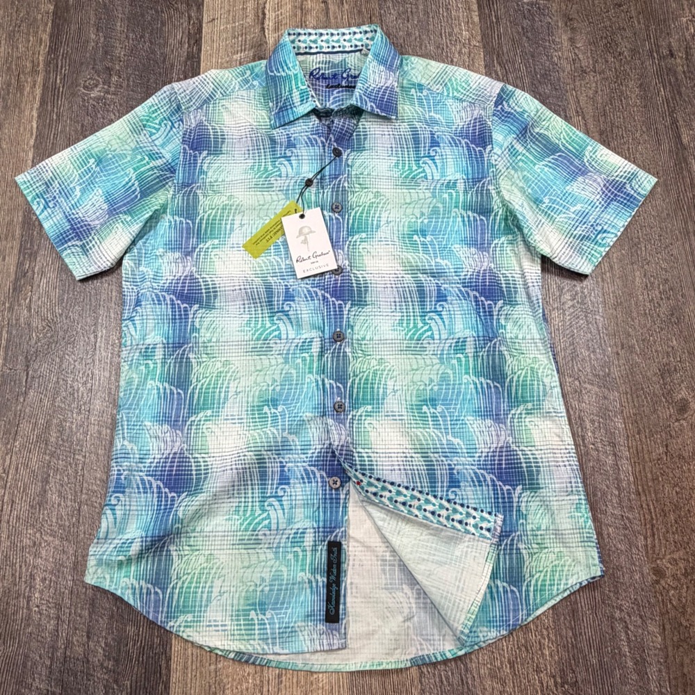 Robert Graham Mens Gateway Beach Blue Green Wave Print Short Sleeve Shirt NWT